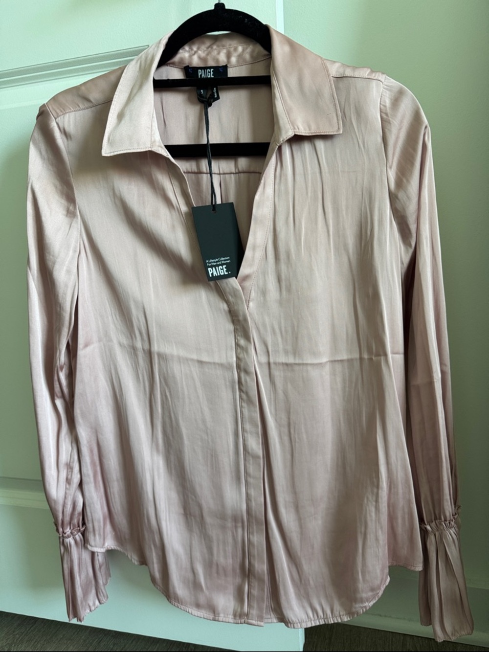 PAIGE Blush Pink Long-Sleeve Button-Front Satin Shirt